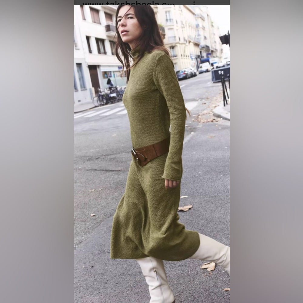 ZARA Olive Green Mock Neck Knit Dress, Size Small.